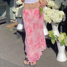 Skirts y2k Bohemian Pink Floral Mid-Claf Skirts Kawaii Low Waisted Frill Straight Skirts Chic Women Fairy Grunge Holiday Streetwear 230824