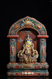 Decorative Figurines 12"Tibetan Temple Collection Old Bronze Mosaic Gem GZi Beads Turquoise Yellow Jambhala Buddhist Niche Worship Hall Town