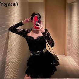 Casual Dresses Yojoceli Women Black Lace Ruffle Short Dress Elegant Party Summer Female Sexy Halter Vestidos