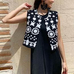 Women's Vests Black Sequin Floral Embroidered Vest For Women 2023 Sleeveless Jackets Crop Top Waistcoat Fashion Vintage Stylish Casual