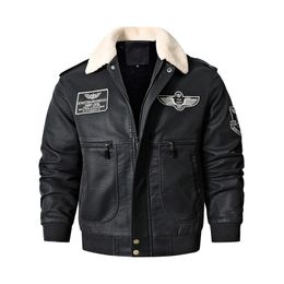 Men's Jackets Men's Bomber Motorcycle Leather Jacket Vintage Brown Military Flight Coat Winter Fleece Faux Leather Pigskin Plus Size Jaqueta 230824