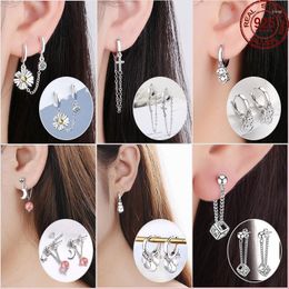 Hoop Earrings Trendy Long For Women Real 925 Silver Daisy Flower Cross Coin Earring Jewelry Making Gift