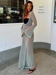 Casual Dresses 2023 Summer Ladies Sexy Long Sleeve Beach Cover Up Hollow Robe Women Chic Solid Knitted Maxi Dress Fashion Vestidos
