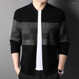 Men's Sweaters Minglu Zipper Stand Collar High Quality Spring Autumn Computer Knitted Plaid Cardigan Black Male 3XL