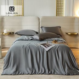 Bedding sets Lanlika Summer Dark Gray 100% Silk Duvet Cover Pillow Case Bed Sheet Quilt Cover Set Bedding Linen King Queen Fitted Sheet 230824