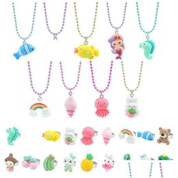 Jewelry Little Girl Beaded Necklace Ring Cartoon Animal Owl Dinosaur Butterfly Pendants Best Friend Friendship Party Favors Dress Up P Dhci3