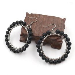 Dangle Earrings XSM Round Shape Drop Natural Black Lava Stone Volcanic Beads Wire Wrap Handmade Earring For Female Charm Jewellery 1 Pair