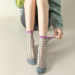 Women Socks Plaid Crystal Silk Casual Fashion Summer Elastic Long Korean Style Harajuku Ultra-thin Transparent