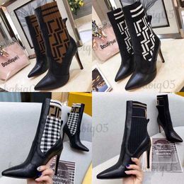 Boots Designer boots Letter Knitted Mid Sleeve Short Boots Spring and Autumn Fine Heel High Heel Cowhide Boots Pointed Head Slim Leg Elastic Boots for Women babiq05