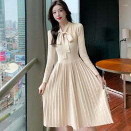 Casual Dresses Autumn Winter French Temperament Lace-Up Bow Mid-Length Women Long Sleeve Elegant Knitted Sweater Vestidos