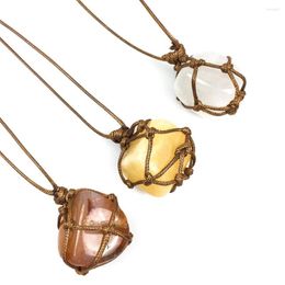 Pendant Necklaces Natural Stone Irregular Rose Crystal Quartz Rope Wrap Necklace Adjustable Women Girl Vintage Jewellery HandMake