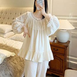 Women's Sleepwear Spring Women Princess French Style Eyelash Lace Pyjama Set Vintage Ladies Girl Cotton Crepe Pyjamas Home