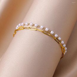 Anklets 316l Stainless Steel Gold Colour Double Layer Imitation Pearl For Women Girl Retro Punk Leg Chain Waterproof Jewellery Gift