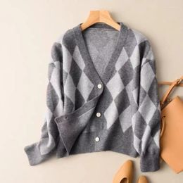 Women's Knits Fashion Argyle Office Sweater Coat Casual Single Breasted Knitted Cardigan Autumn/Winter V-neck Long Sleeve Jacket 28702