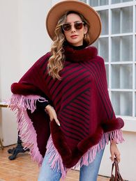 Women's Sweaters Liooil Fur Collar Stripe Tassel Plush Knit Cloak Shawl Sweater Female Jumpers Knitting Pullover Tops Autumn Winter Warm