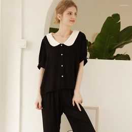 Women's Sleepwear 2023 Women Satin Pajamas Black Short Sleeved Trousers Suit Lovely Princess Lounge Wear Solid Viscose 2 Piece Clothes