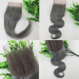 4x4 Lace Closure Grey Human Hair Brazilian Virgin Hair Straight Body Wave Bleached Knots Part Swiss Lace236x