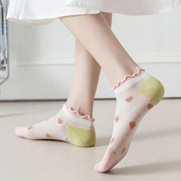 Women Socks Fashion Korean Ins Version Of Spring And Summer Lace Thin Style Mesh Lovely Japanese Strawberry Ladies Mid-tube Female