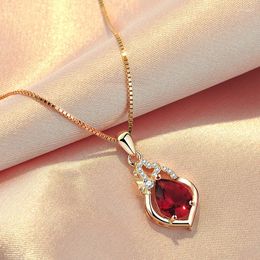 Chains Necklace Women's 925 Sterling Silver Rose-Plated Gold Red Zircon Pendant Elegant High-Grade Colour Clavicle Chain Silv