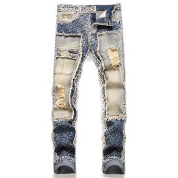 Vintage Men's Slim-Fit Stretch Jeans Punk Style Ripped Multi-Pocket Stitching Skinny Pants Casual Tight Streetwear