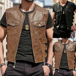 Designer Men Leather Vest Side Hollow Out Motorcycle Zipper Jacket Performance Costume Sleeveless Loose Waistcoat Winter Coat