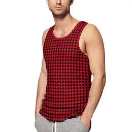 Men's Tank Tops Vintage Houndstooth Top Man Black And Red Bodybuilding Oversize Summer Sportswear Pattern Sleeveless Vests