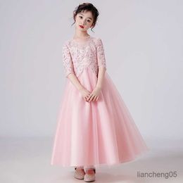 Girl's Dresses Teenager Formal White Pink Blue Elegant Bridesmaid Wedding Baby Girls Princess Dresses Lace Kids Clothes Piano Show Dance Dress R230824