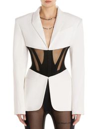 Women's Jackets BEVENCCEL 2023 Wear Black White Sexy Mesh Splice Corset Details Suit High Quality Blazer Jacket 230823