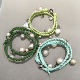 Charm Bracelets Green Colour Baroque Natural Fresh Water Pearl Bracelet Charms With Crystal Leather Casual