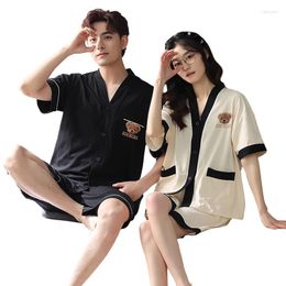 Women's Sleepwear Couple Pajamas Set Summer Short Sleeve Cotton Men Women Cardigan Pijamas Suit Sell Cartoon