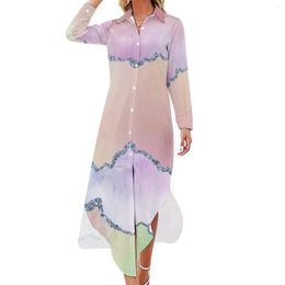 Casual Dresses Watercolour Dress Peach Agate Print Street Fashion Long Sleeve Elegant V Neck Graphic Oversize Chiffon