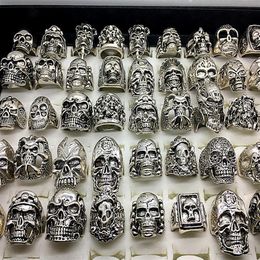 Men's Fashion 50pcs Lots Top Mix Style Big Size Skull Carved Biker Silver Plated Rings jewelry Skeleton Ring303p