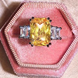 Cluster Rings Classic Baguette Yellow Stone Full Diamond Couple Ring For Women Topaz Geometric Silver Plated Engagement Brida Gift Jewelry