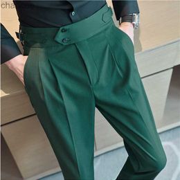 British Style Autumn New High Waist Trousers Men Belt Design Slim Fit Suit Pants Office Social Wedding Party Formal Pants HommesLF20230824.