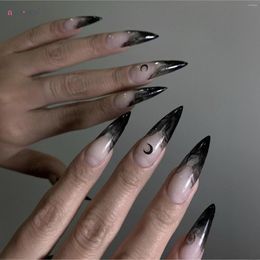 False Nails 24pcs Gradient Black Stiletto Fake Moon Printed Press On Long Wearable For Women Girls Halloween Party