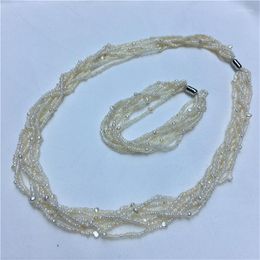 Necklace Earrings Set HABITOO Luxury 7 Strands 3-4mm Natural White Cultured Freshwater Pearl 20inch Bracelet 8 Inch Jewelry For Fashion