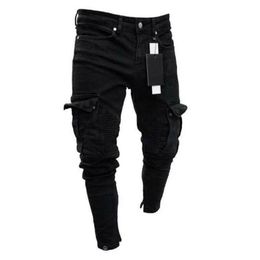 Men's Jeans 2021Fashion Black Jean Men Denim Skinny Biker Destroyed Frayed Slim Fit Pocket Cargo Pencil Pants Plus Size S-3XL323C