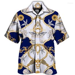 Men's Casual Shirts Luxury Social Men Hawaiian Fashion Chain Print Short/Long Sleeve Turn-down Collar Button Up Tops Male Party Club