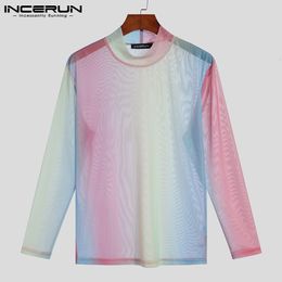 Men's T-Shirts INCERUN Men T Shirt Turtleneck Gradient Long Sleeve Tie Dye Sexy Men Clothing Mesh Transparent Streetwear Camisetas S-5XL 230824