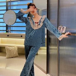 Women's Sleepwear V Neck Long Sleeves Lace Edge Bow Shirt Pant Pyjamas Sets Sleep Suit Golden Velvet Women 2Pcs Lounge Homewear