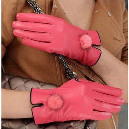 Five Fingers Gloves Genuine Leather Glove Women Warm Fashhion Winter Ladies Hand Warmer With Natural Mink Fur Ball Luxury Finger 230824