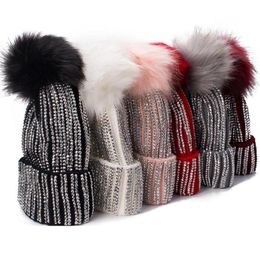 Berets Lawliet Winter Hats Faux Fur Pom Rhinestone Bling Style Women Beanies High Quality Warm Knitted Hat Ladies Skull Cap A469192N