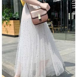 Skirts Three Layers Of Farn Lining High-Waisted Sequined Mesh Skirt Mid-Long All-Match Fairy Pink White Elegant Mujer