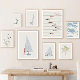 Sailboat Swimming Pool Canvas Painting Ocean Floral Minimalist Posters And Prints Wall Art Wall Pictures For Living Room Bedroom Bathroom Decor Gift No Frame Wo6