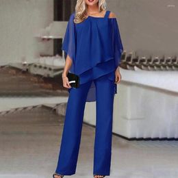 Women's Two Piece Pants Anbenser Fashionable Set Solid Colour Loose Fitting Casual Bat Sleeve Irregular Chiffon Blouses And 2 Pieces