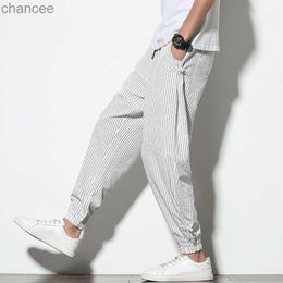 Spring Summer Disc Buckle Striped Harem Pants Mens Breathable Cotton Linen Pencil Pants Buckle Casual Bloomers Fashion TrousersLF20230824.