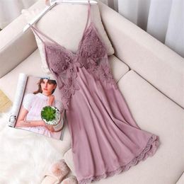 Women's Sleepwear Satin Women Nightgown Lace Perspective Summer Dressing Gown Sleepdress Sexy Appliques Nightdress Hollow Out249H