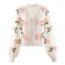Women's Sweaters PHOEBE HZ Autumn Winter Girl Sweet Fashion Gentle Elegant Temperament Open Stitch Rose Contrast Color Sweater V-Neck