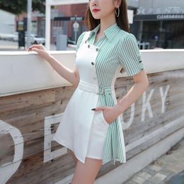 Women's Tracksuits 2023 Summer Shorts Suit Fashion Stripe Spliced Shirt Top High Waist Slim White Age Reducing Two Piece Set Women Outfits