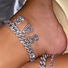 Anklets 12mm Statement Cuban Link DIY Name Anklet Bracelets for Women Crystal Zircon Initial 26 Letter Anklet Wholesale Charm Jewelry 230823
